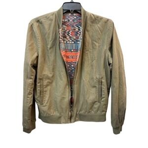 Zara Man XL Reversible Bomber Jacket Olive Green & Multicolor Aztec Pattern Poly